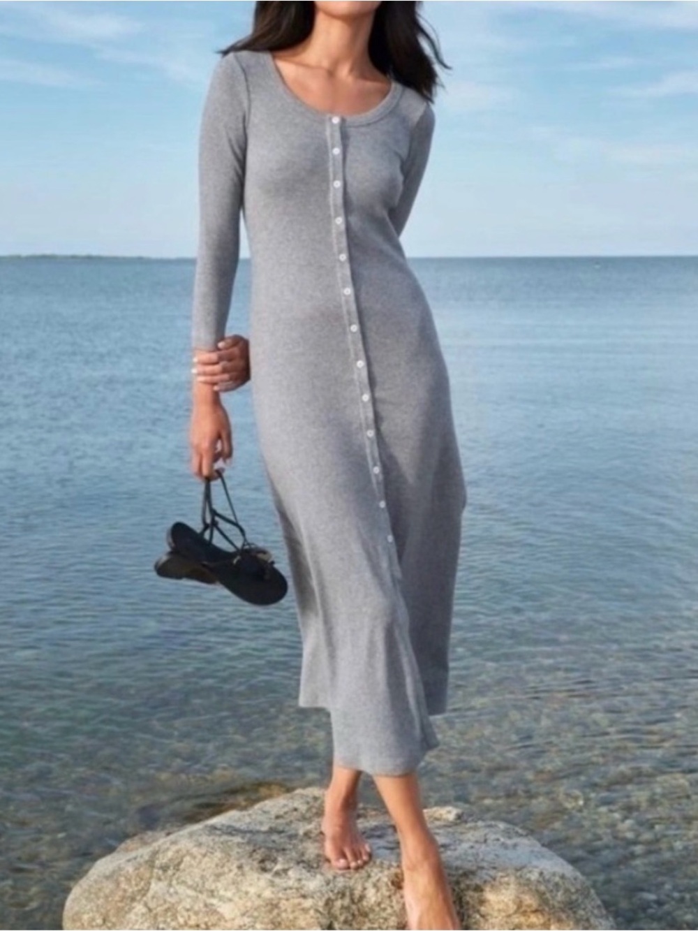 AYR The It Girl Heather Grey Button Front Ribbed Midi Dress Size S